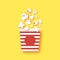 Paper striped bucket. Cup with tasty popcorn paper cut style. Yellow Background. Space for text.