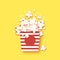 Paper striped bucket. Cup with tasty popcorn paper cut style. Yellow Background. Space for text.