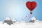 Paper Style love of valentine day , balloon flying over cloud and mountain with heart float on the sky, couple honeymoon