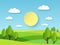 Paper summer landscape. Panoramic green field with trees and blue sky with white clouds. Layered papercut ecology vector