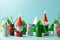 Paper toy Santa, Snowman, Grinch for Xmas party. Easy crafts for kids on blue background, copy space, die creative idea from