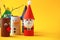 Paper toy santa, snowman, reindeer, grinch, xmas tree for Happy new year Merry Christmas party. Easy crafts for kids on yellow