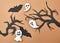 Paper tree branches flying ghosts and bats on a brown background with space for text. Scary handcraft layout to