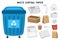 Paper waste sorting set. Blue trash can for paper and cardboard garbage
