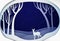 Paper winter forest night landscape with young deer, paper winter fairy tale background with bambi,