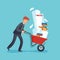 Paper work cart. Overworked office worker, exhausted businessman carrying documents and pile of papers cartoon vector