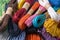 Paper yarn strings, colorful weaving materials closeup