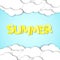 Paper yellow text with the name summer. Paper clouds in the blue sky. Summer background. Vector illustration in a flat style