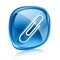 Paperclip icon blue glass, isolated