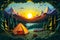 Papercut art images of camping trips in the forest