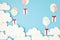 Papercut balloons and Gift Box floating in blue sky with clouds. Happy Bithday, Merry Christmas festive poster