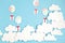 Papercut balloons and Gift Box floating in blue sky with clouds. Happy Bithday, Merry Christmas festive poster