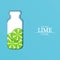 Papercut bottle with slice citrus lime fruit. Vector card llustration. Tropical craft paper green lemon fruit border and