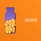 Papercut bottle with slice citrus orange fruit. Vector card llustration. Tropical craft paper oranges fruit border and