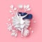 Papercut spring flower and woman pink background