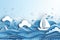 papercut style of boat on sea rain, waterdrop, blue and white color, Generated AI