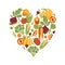 Papercut style vegetables heart shape composition. Organic vegetables. Vector illustration