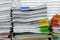 Paperwork pile messy of business financial put on desk