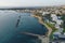 Paphos, Cyprus, aerial panorama of promenade with seaside, hotels and buildings of mediterranean tourist resort. Travel
