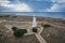 Paphos Lighthouse, Cyprus, aerial view from drone. Located in Paphos archeological park on mediterranean seaside or