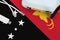 Papua New Guinea flag depicted on table with internet rj45 cable, wireless usb wifi adapter and router. Internet connection