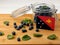 Papua New Guinea flag on a wooden plank with blueberries isolate