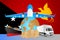 Papua New Guinea logistics concept illustration. National flag of Papua New Guinea from the back of globe, airplane, truck and