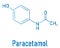 Paracetamol or acetaminophen analgesic drug molecule. Used to reduce fever and relieve pain. Skeletal formula.