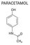 Paracetamol or acetaminophen analgesic drug molecule. Used to reduce fever and relieve pain. Skeletal formula.