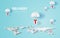 Parachute gift box floating on map location network.Delivery service web page design.Merry Christmas banner.Graphic Transportation