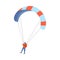 Parachute jumper in blue pants flying with the striped colorful parachute. Vector illustration in a flat cartoon style.