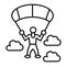 Parachute jumper thin line icon. Parachutist and clouds vector illustration isolated on white. Parachuting outline style