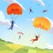 Parachute jumpers sky. Extreme sport hobbies adrenaline character flying action pose skydiving paraplanners vector