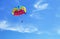 Parachute jumping. Colorful parachute is in the sky, under the clouds.