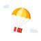 Parachute preset box flying from sky vector flat cartoon icon concept, gift pack send or postal package delivery service