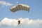 Parachuter with grey parachute on parachuting cup seen from back