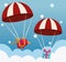 Parachutes with gift boxes over sky with stars background