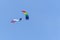 The parachutist descends from the sky with the symbol of the state, against the blue sky.