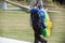 Parachutist with parachut on an airfield