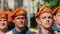 Parade march soldiers army red beret in day victory closeup. Stepping officer 4K