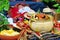 Parade Pase del Nino Viajero. Little baby sleeping surrounded by traditional ecuadorian typical food: