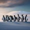 A parade of penguins wearing tuxedos and bowties while sliding on icy slopes under the moonlight3