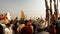 Parade of sadhus decorated cars with hindu monks slowly drive indian festival Kumbha Mela Allahabad