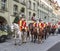 Parade of swiss soldiers on traditional costume during Zibelemarit Holiday Onion Market - Bern, Switzerland