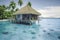 Paradise beach with overwater bungalow. Tropical resort with an overwater villa set in a turquoise lagoon. Generative AI