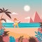 Paradise beach with palm trees and surfboards. Colorful seascape with mountains. Vector