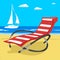 Paradise beach in the sea with yacht and deckchair. Tropical resort