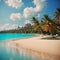 Paradise beach with seaview palms sand sunrise blue sky - Ai image
