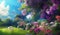 Paradise garden full of flowers, beautiful idyllic background with many flowers in eden, 3d illustration. Generative Ai