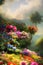 Paradise garden full of flowers, beautiful idyllic background with many flowers in eden. Generative Ai